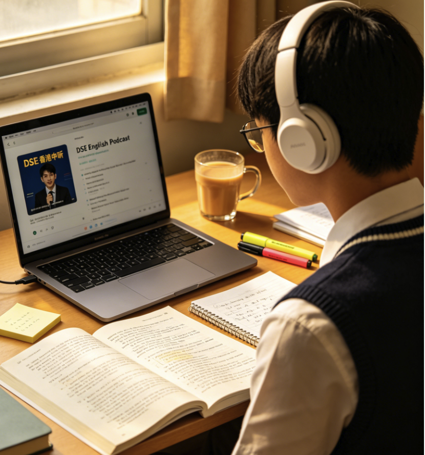 香港中學生放學後在家戴耳機練習DSE英文聆聽Podcast的專注桌面場景