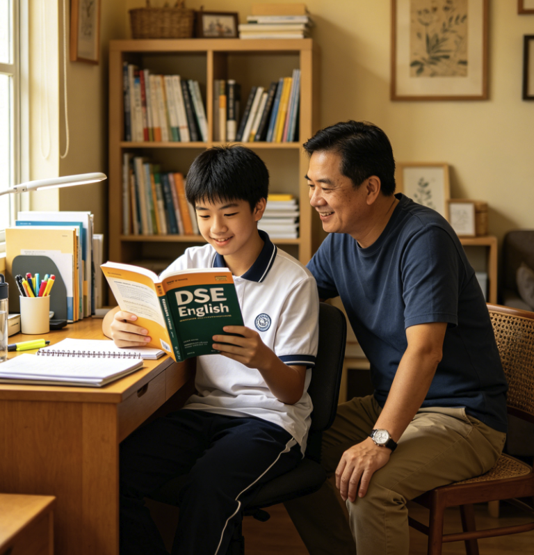 香港中學生在家與家長一起溫習DSE英文的溫馨家庭學習場景，家長支持不施壓