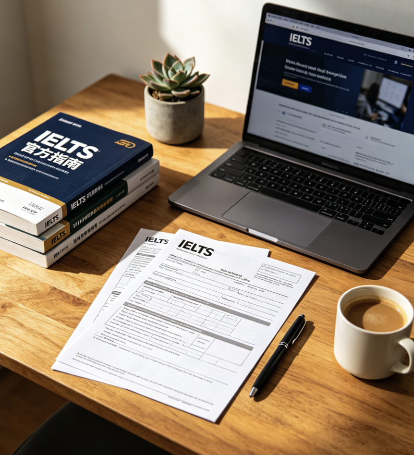 學生填寫IELTS申請表或練習的專注桌面實景