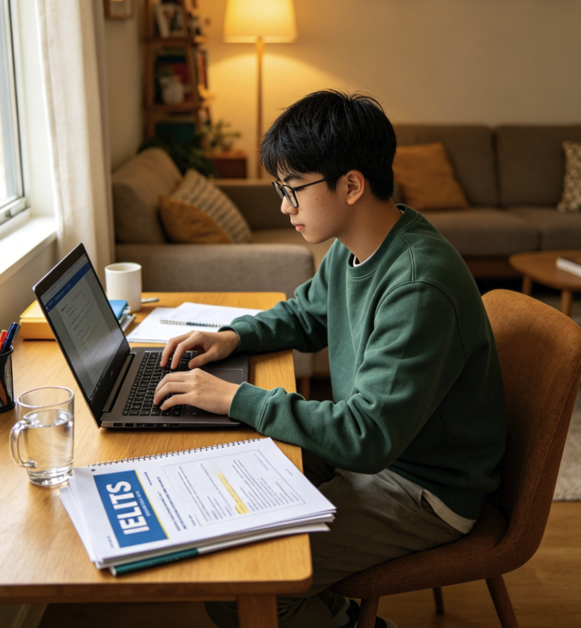 香港學生在家舒適環境中使用電腦練習 IELTS 的彩色照片