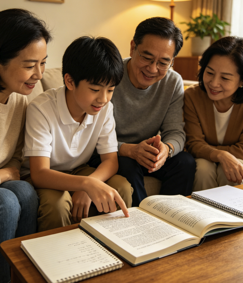 香港家長與中學生一起在家閱讀英文文章並討論的溫馨彩色照片