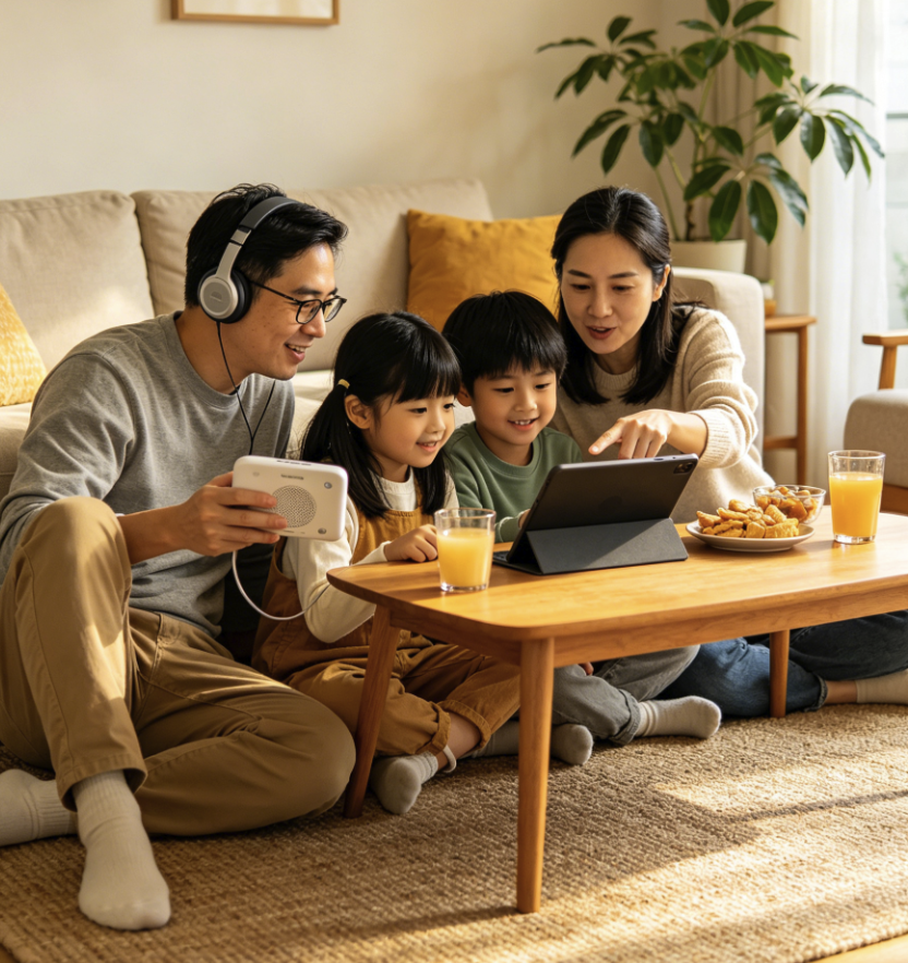香港家庭圍坐一起玩英語聽力遊戲的溫馨照片