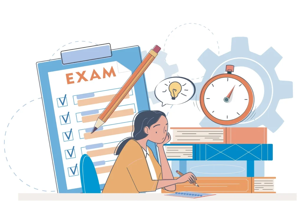 香港DSE學生考試中管理時間的專注桌面場景，桌上放時鐘和試卷