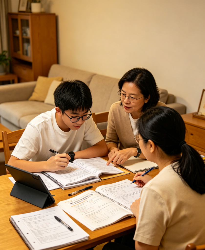 香港中學生在家與家長一起進行DSE英文綜合練習讀寫說家庭活動溫馨場景
