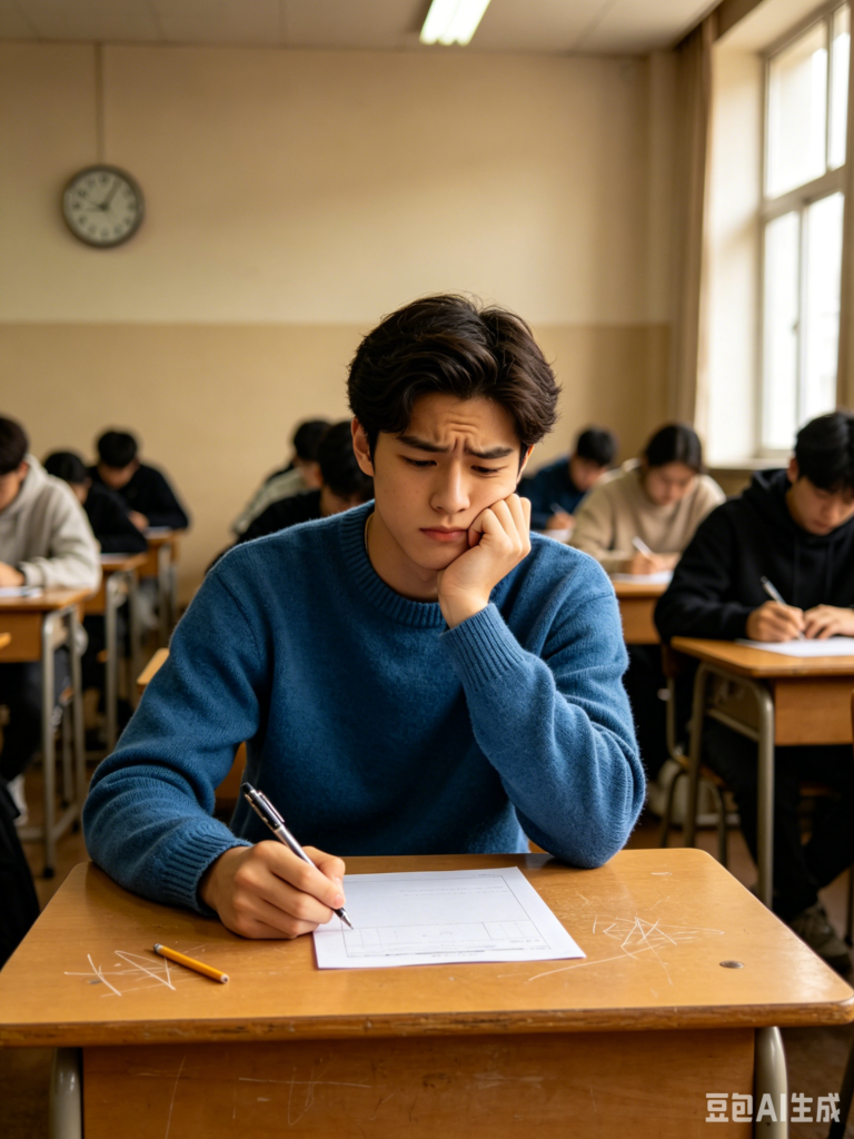 a student siting in the exam court and thinking about what example should be used during writing exam